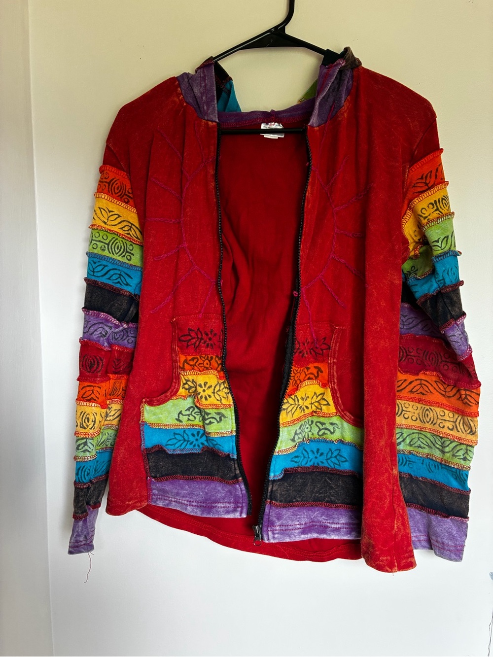 Women’s Red Hooded Rainbow-Striped Zip Cardigan